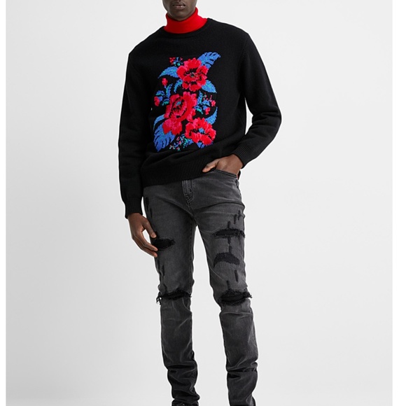 Wool blend black, blue and red floral jacquard sweater NWT - Picture 2 of 10